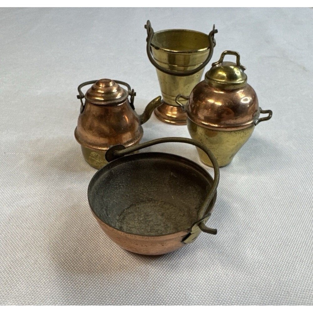 Vintage Miniature Copper Brass Pot Kettle Bucket Cauldron Set Lot 4 Japan